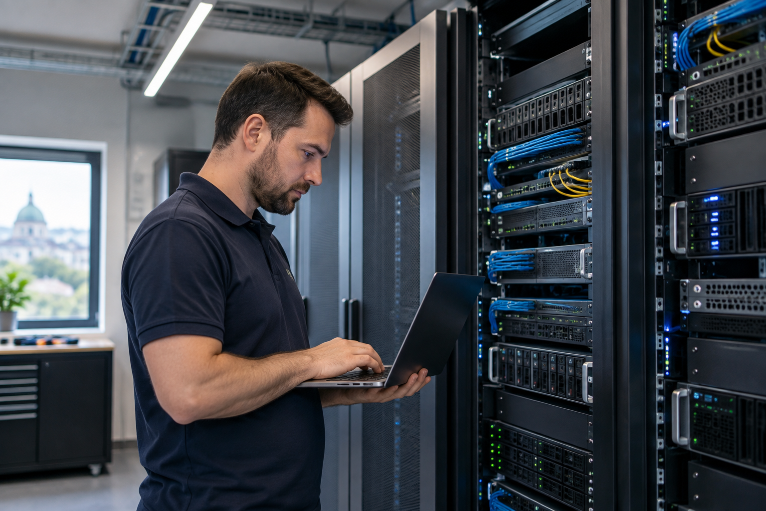 Technicien travaillant sur une infrastructure informatique professionnelle